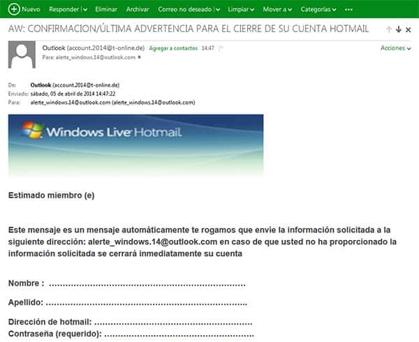 Última advertencia para el cierre de su cuenta hotmail